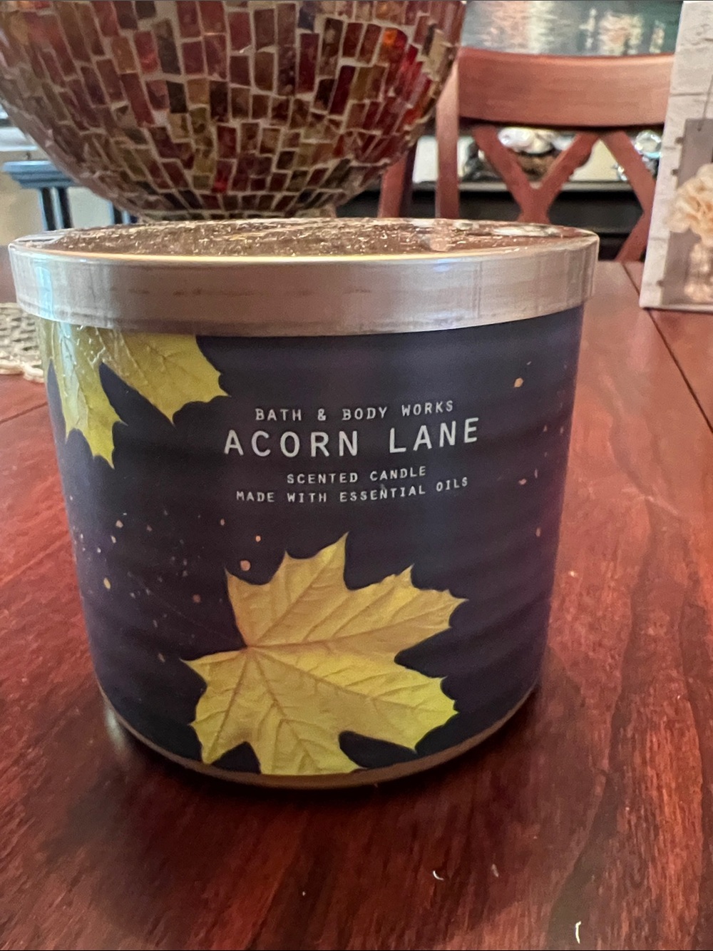 Bath & Body Works Acorn Lane Candle — Navy with Yellow Leaf